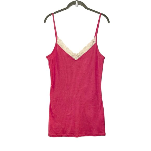 Vtg Y2K Old Navy Pink Cami Top  Lace Trim Ribbed Coquette Feminine Size L - Picture 1 of 4